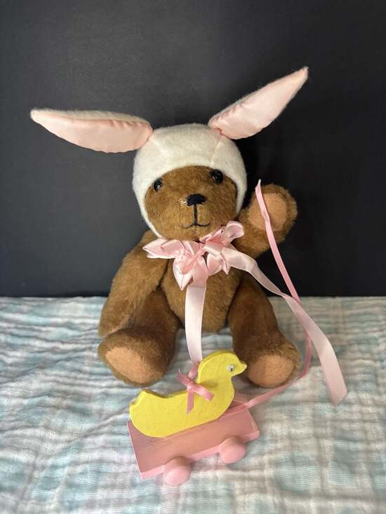 Specially Fashioned by Nancy Other - Vintage Specially Fashioned by Nancy Plush Teddy Bear in Bunny Hat with Wooden D